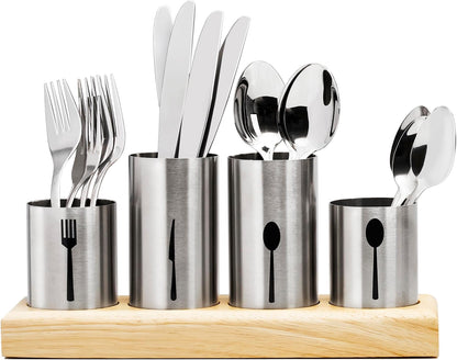 Utensil Holder,Upright Silverware Holder with Caddy for Spoons, Knives and Forks, Entertaining,Stainless Steel Cutlery Organizer with Bamboo Wood Base