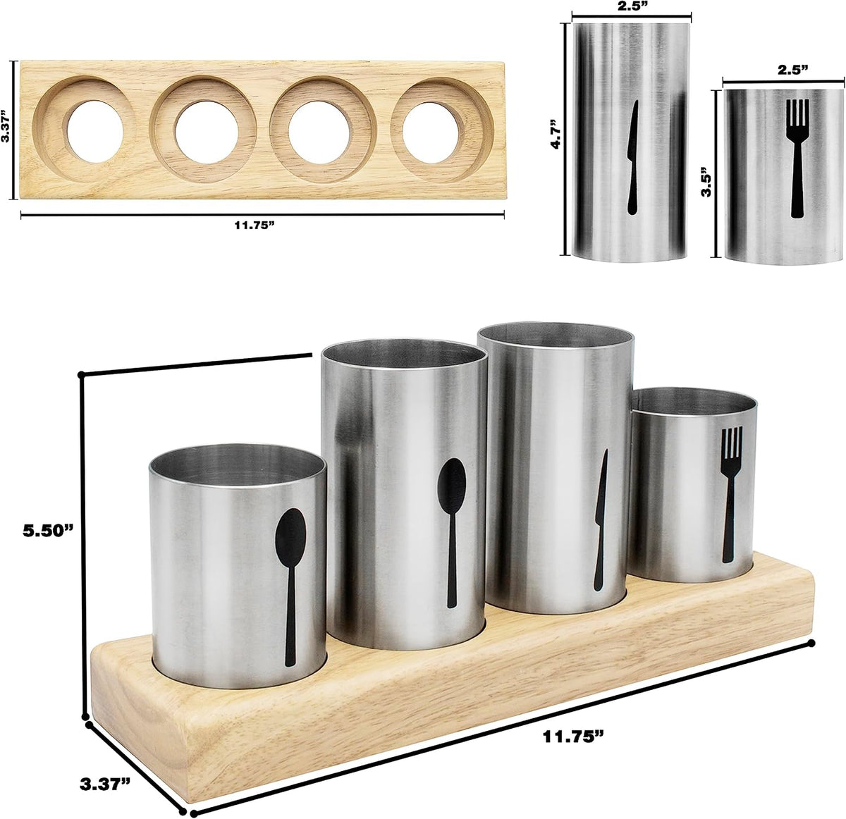 Utensil Holder,Upright Silverware Holder with Caddy for Spoons, Knives and Forks, Entertaining,Stainless Steel Cutlery Organizer with Bamboo Wood Base