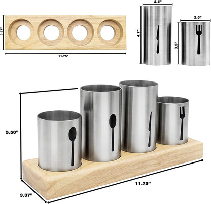 Utensil Holder,Upright Silverware Holder with Caddy for Spoons, Knives and Forks, Entertaining,Stainless Steel Cutlery Organizer with Bamboo Wood Base