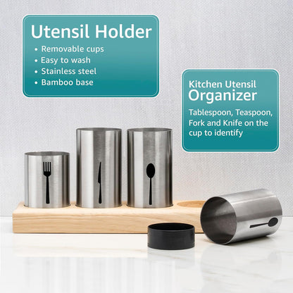 Utensil Holder,Upright Silverware Holder with Caddy for Spoons, Knives and Forks, Entertaining,Stainless Steel Cutlery Organizer with Bamboo Wood Base
