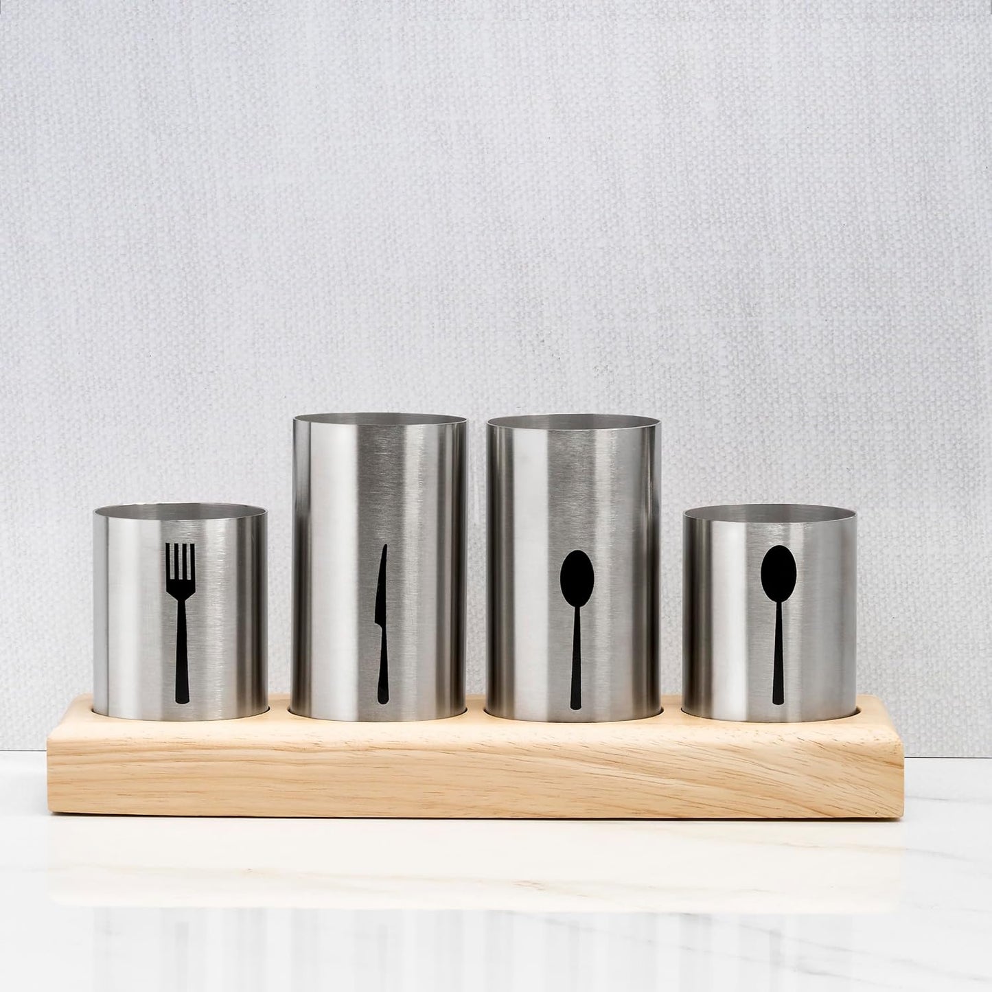 Utensil Holder,Upright Silverware Holder with Caddy for Spoons, Knives and Forks, Entertaining,Stainless Steel Cutlery Organizer with Bamboo Wood Base