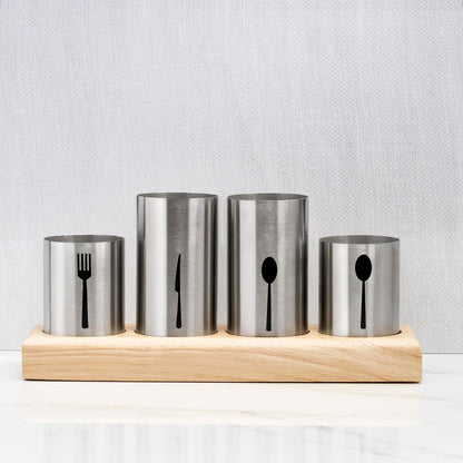 Utensil Holder,Upright Silverware Holder with Caddy for Spoons, Knives and Forks, Entertaining,Stainless Steel Cutlery Organizer with Bamboo Wood Base