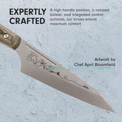 Chef April Bloomfield Carbon 6.5” Chef’s Knife - Bohler K110 High Carbon Steel with a Ceramic Stonewash Finish - Resin-Stabilized Wood Handles - Handcrafted in Maniago, Italy