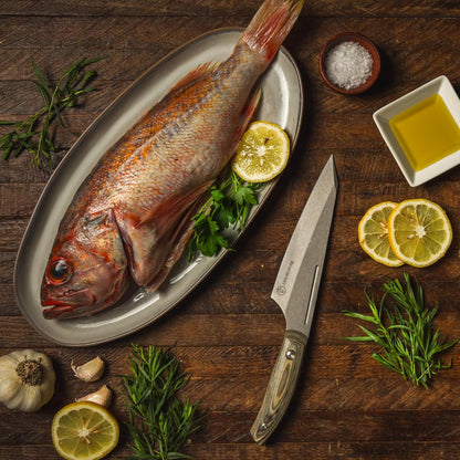 Chef April Bloomfield Carbon 6.5” Chef’s Knife - Bohler K110 High Carbon Steel with a Ceramic Stonewash Finish - Resin-Stabilized Wood Handles - Handcrafted in Maniago, Italy