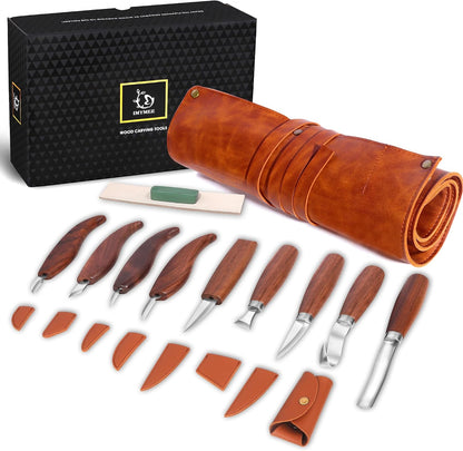 Deluxe Wood Carving Kit - 21Pcs Wood Carving Tools with Leather Storage Bag,Wood Carving Tools Set with 8Pcs Whittling Knives, 8Pcs Detail Carving Knives,Wood Whittling Kit for Beginners