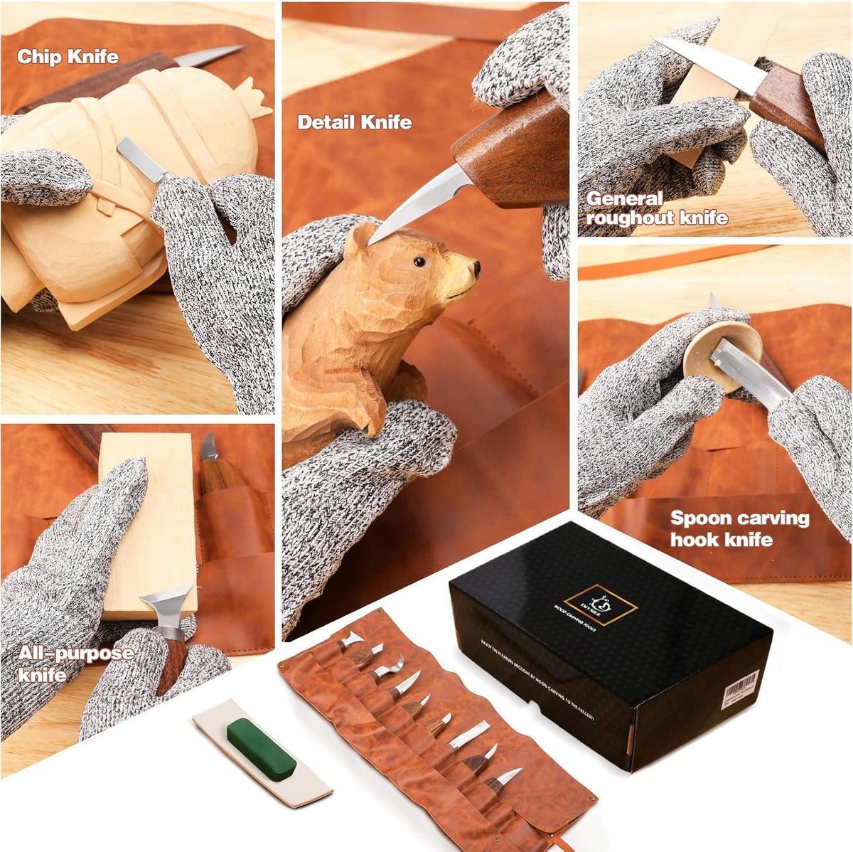Deluxe Wood Carving Kit - 21Pcs Wood Carving Tools with Leather Storage Bag,Wood Carving Tools Set with 8Pcs Whittling Knives, 8Pcs Detail Carving Knives,Wood Whittling Kit for Beginners