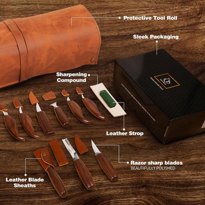 Deluxe Wood Carving Kit - 21Pcs Wood Carving Tools with Leather Storage Bag,Wood Carving Tools Set with 8Pcs Whittling Knives, 8Pcs Detail Carving Knives,Wood Whittling Kit for Beginners