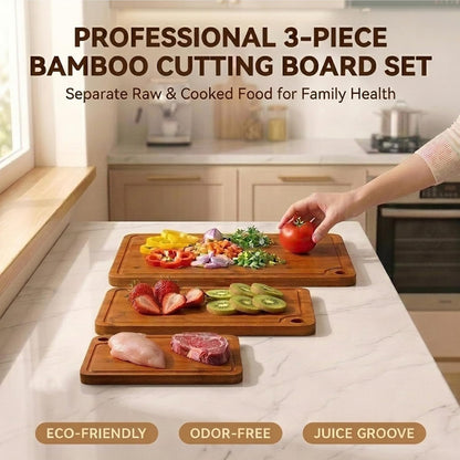 Deep-Carbonized Wood Cutting Board Set, 3 Pack Bamboo Chopping Boards for Kitchen with Side Handles, Charcuterie Board Juice Groove Knife-Friendly for Heavy Duty