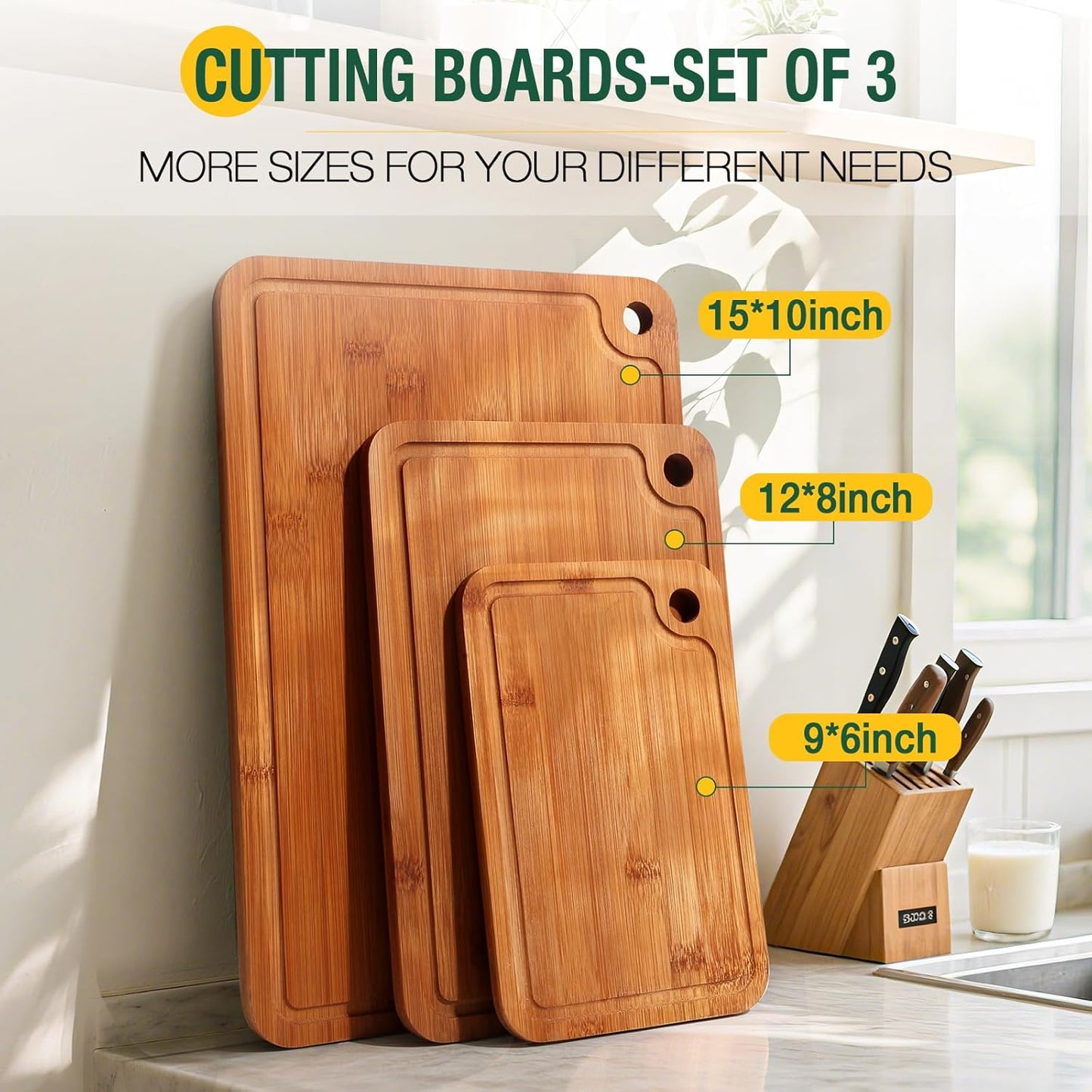 Deep-Carbonized Wood Cutting Board Set, 3 Pack Bamboo Chopping Boards for Kitchen with Side Handles, Charcuterie Board Juice Groove Knife-Friendly for Heavy Duty