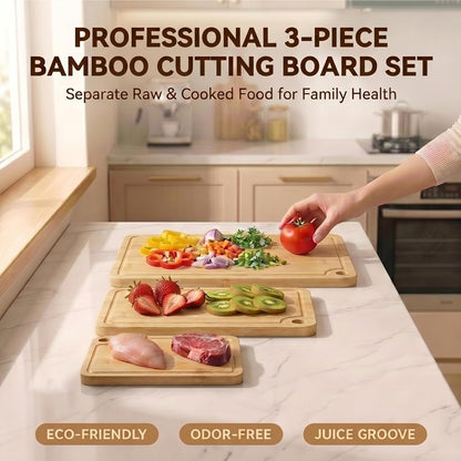 Deep-Carbonized Wood Cutting Board Set, 3 Pack Bamboo Chopping Boards for Kitchen with Side Handles, Charcuterie Board Juice Groove Knife-Friendly for Heavy Duty