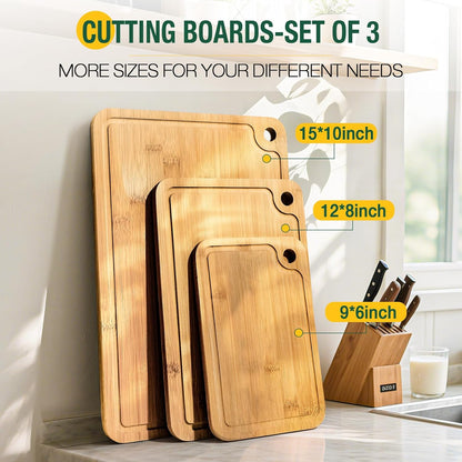 Deep-Carbonized Wood Cutting Board Set, 3 Pack Bamboo Chopping Boards for Kitchen with Side Handles, Charcuterie Board Juice Groove Knife-Friendly for Heavy Duty