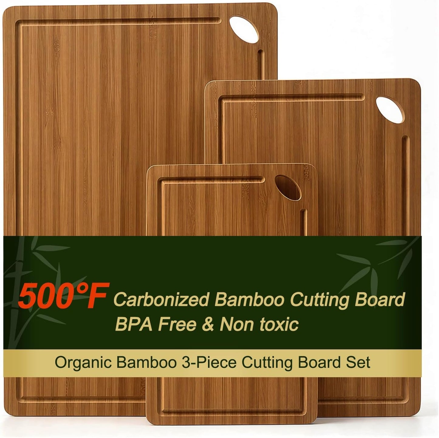 3 Pack Bamboo Cutting Board Set with Non Slip Solid Wood Cutting Boards Non Toxic Chopping Board for Kitchen Small Cutting Board Non Plastic Charcuterie Boards Meat Healthy Bread Cutting Board Sets