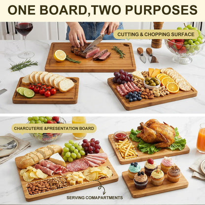 3 Pack Bamboo Cutting Board Set with Non Slip Solid Wood Cutting Boards Non Toxic Chopping Board for Kitchen Small Cutting Board Non Plastic Charcuterie Boards Meat Healthy Bread Cutting Board Sets