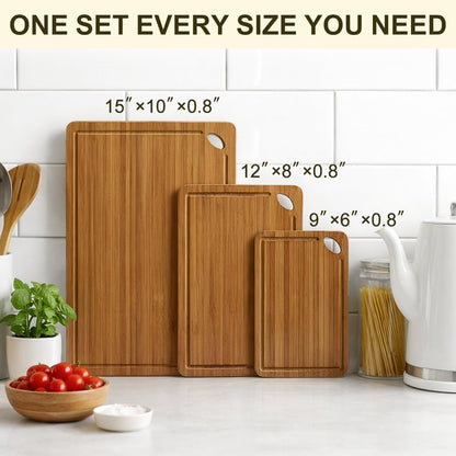 3 Pack Bamboo Cutting Board Set with Non Slip Solid Wood Cutting Boards Non Toxic Chopping Board for Kitchen Small Cutting Board Non Plastic Charcuterie Boards Meat Healthy Bread Cutting Board Sets