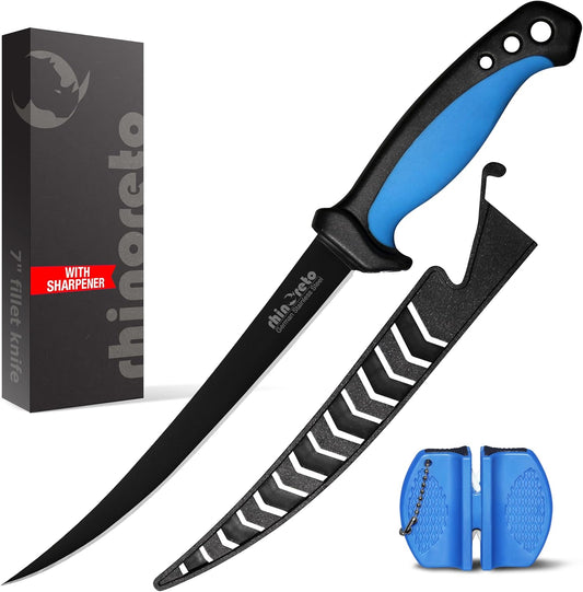 Fillet Knife for Fish - Razor Sharp G4116 German Stainless Steel Blade, 7 Inch Professional Filleting & Boning Knife with Non-Slip Handle, Protective Sheath & Sharpener
