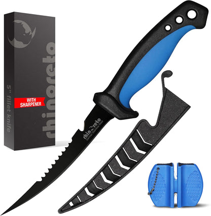 Fillet Knife for Fish - Razor Sharp G4116 German Stainless Steel Blade, 7 Inch Professional Filleting & Boning Knife with Non-Slip Handle, Protective Sheath & Sharpener