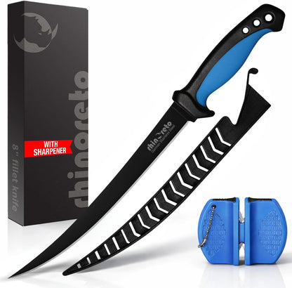 Fillet Knife for Fish - Razor Sharp G4116 German Stainless Steel Blade, 7 Inch Professional Filleting & Boning Knife with Non-Slip Handle, Protective Sheath & Sharpener