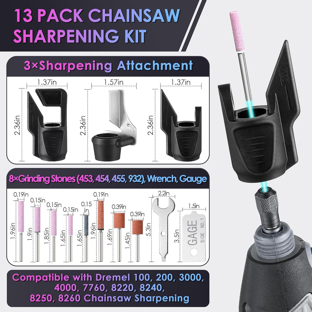 13 Piece Chainsaw Sharpening Kit Compatible with Dremel | Compatible with Dremel A679-02, Sharpening Stones and Guide, Chainsaw and Outdoor Tool Maintenance