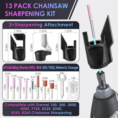 13 Piece Chainsaw Sharpening Kit Compatible with Dremel | Compatible with Dremel A679-02, Sharpening Stones and Guide, Chainsaw and Outdoor Tool Maintenance