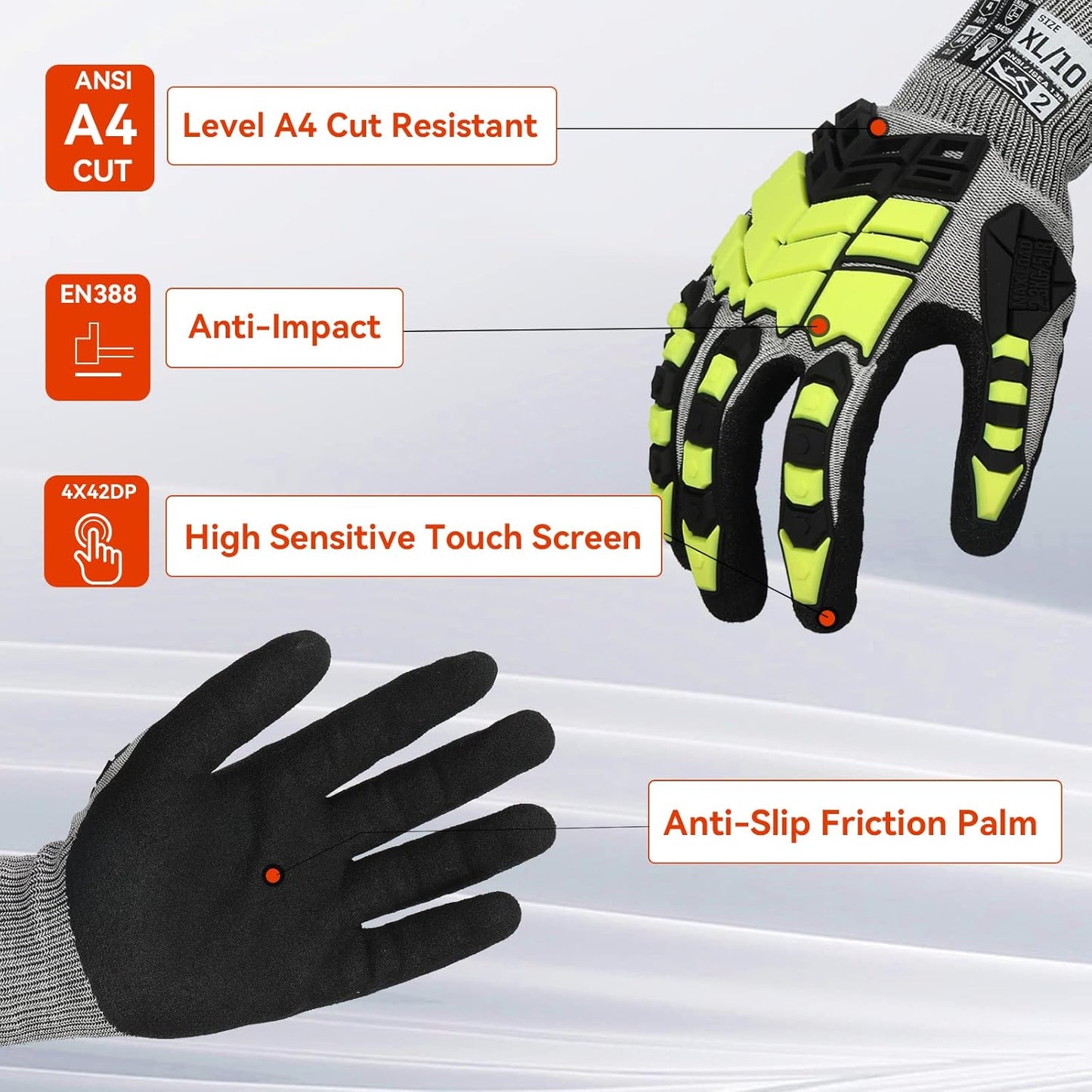 Safety Work Gloves,Impact Gloves for Men Women,Cut Resistant Non-Slip Heavy Duty Gloves with Nitrile Grip,Touch Screen Glove with Impact Protection for Gardening Mechanic Construction, Large