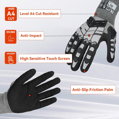Safety Work Gloves,Impact Gloves for Men Women,Cut Resistant Non-Slip Heavy Duty Gloves with Nitrile Grip,Touch Screen Glove with Impact Protection for Gardening Mechanic Construction, Large