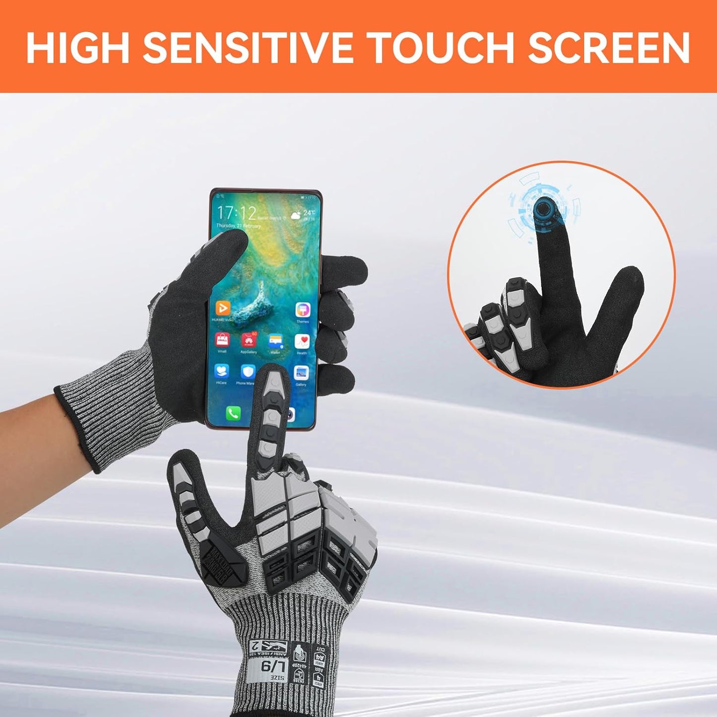 Safety Work Gloves,Impact Gloves for Men Women,Cut Resistant Non-Slip Heavy Duty Gloves with Nitrile Grip,Touch Screen Glove with Impact Protection for Gardening Mechanic Construction, Large