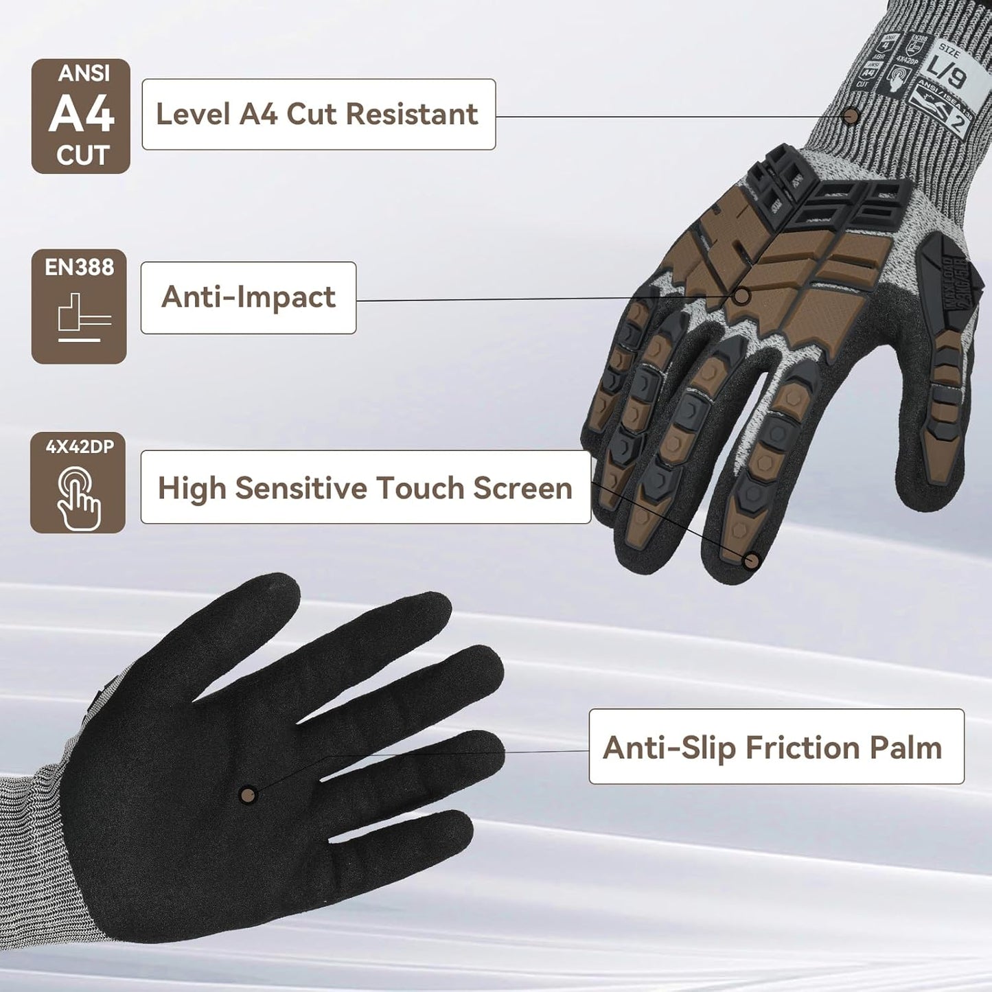 Safety Work Gloves,Impact Gloves for Men Women,Cut Resistant Non-Slip Heavy Duty Gloves with Nitrile Grip,Touch Screen Glove with Impact Protection for Gardening Mechanic Construction, Large
