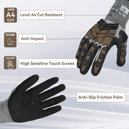 Safety Work Gloves,Impact Gloves for Men Women,Cut Resistant Non-Slip Heavy Duty Gloves with Nitrile Grip,Touch Screen Glove with Impact Protection for Gardening Mechanic Construction, Large