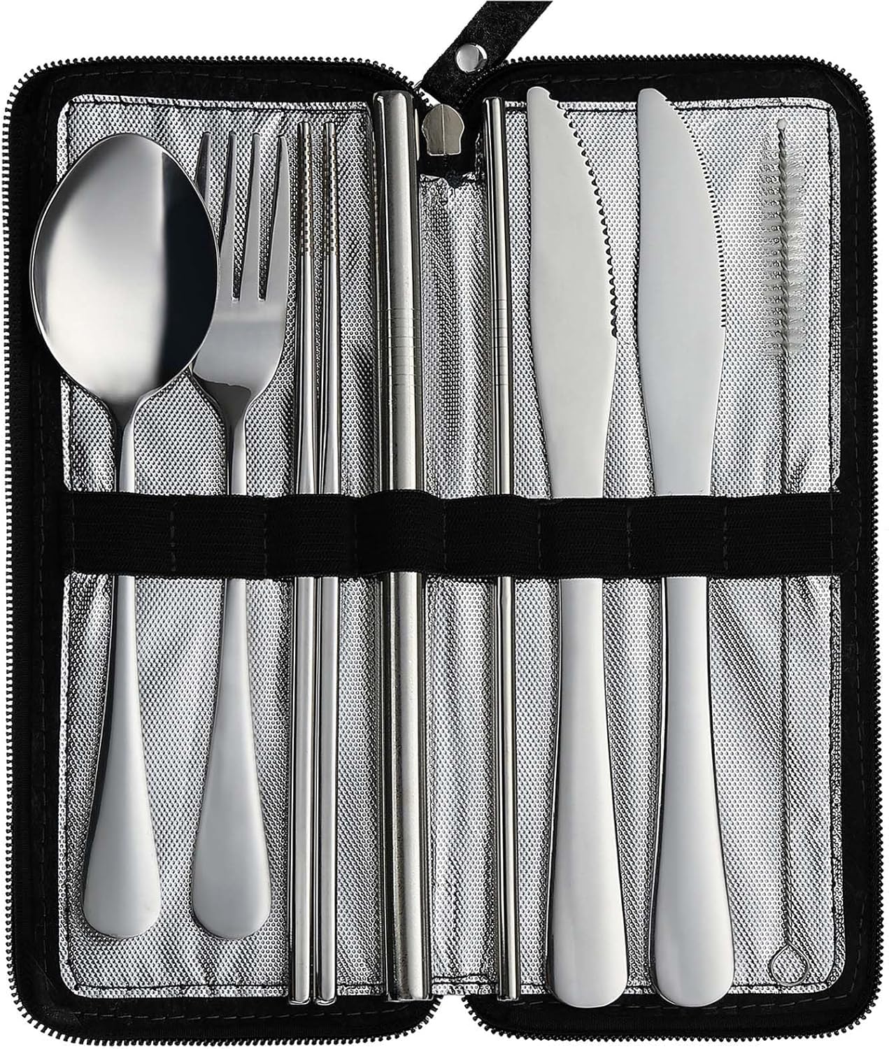 Camping Utensils, Stainless Steel Travel Silverware Set with Case | 9Pcs Portable Cutlery Set, Reusable Flatware adult, Steak knife, Boba Straw, Fork and Spoon Set for Lunch box, Work (Silver)