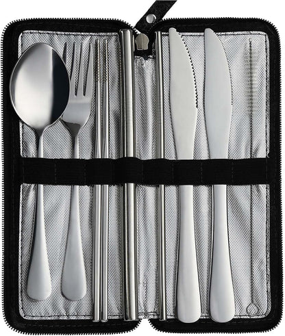 Camping Utensils, Stainless Steel Travel Silverware Set with Case | 9Pcs Portable Cutlery Set, Reusable Flatware adult, Steak knife, Boba Straw, Fork and Spoon Set for Lunch box, Work (Silver)