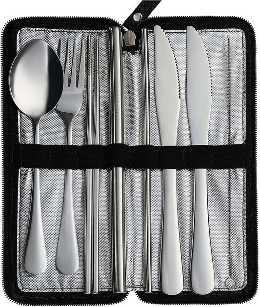Camping Utensils, Stainless Steel Travel Silverware Set with Case | 9Pcs Portable Cutlery Set, Reusable Flatware adult, Steak knife, Boba Straw, Fork and Spoon Set for Lunch box, Work (Silver)
