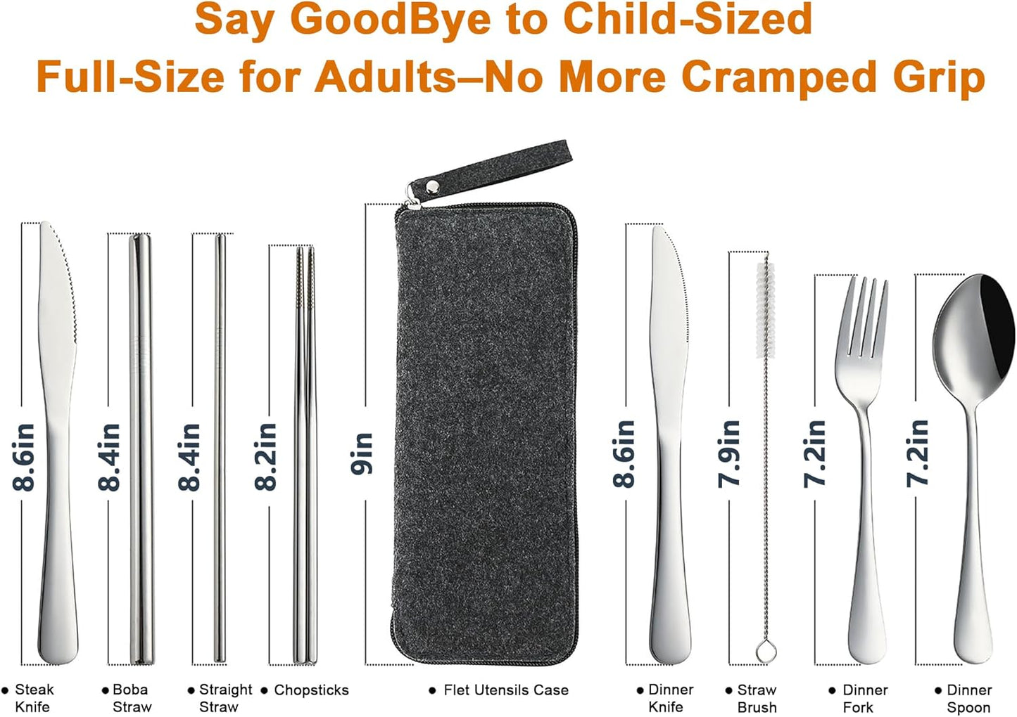 Camping Utensils, Stainless Steel Travel Silverware Set with Case | 9Pcs Portable Cutlery Set, Reusable Flatware adult, Steak knife, Boba Straw, Fork and Spoon Set for Lunch box, Work (Silver)
