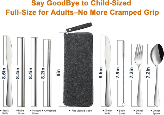 Camping Utensils, Stainless Steel Travel Silverware Set with Case | 9Pcs Portable Cutlery Set, Reusable Flatware adult, Steak knife, Boba Straw, Fork and Spoon Set for Lunch box, Work (Silver)
