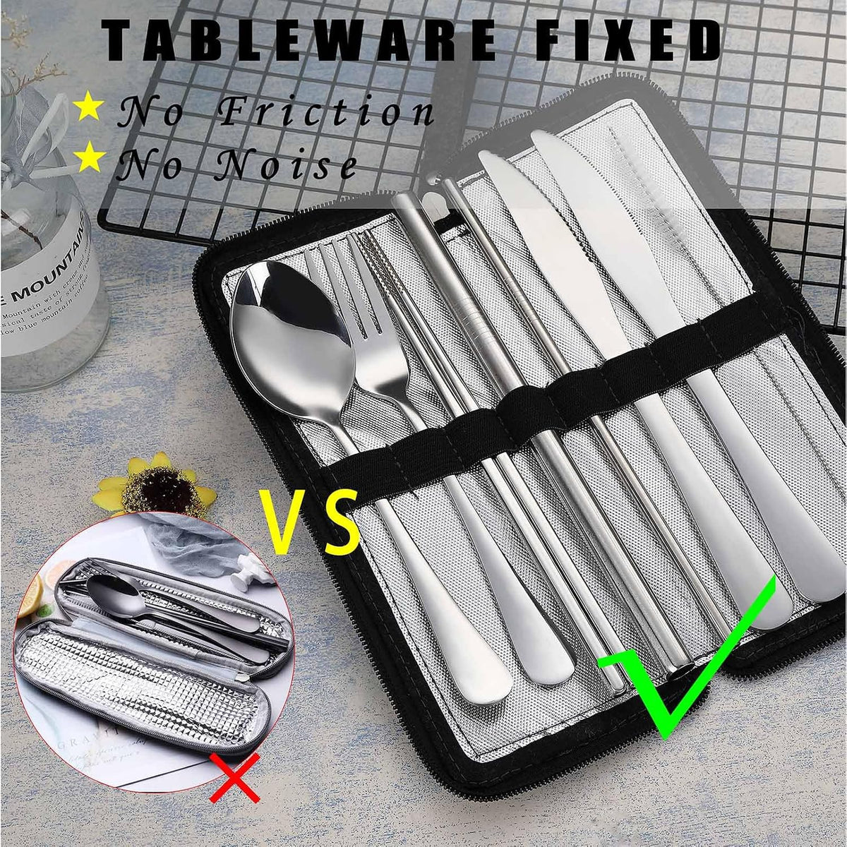 Camping Utensils, Stainless Steel Travel Silverware Set with Case | 9Pcs Portable Cutlery Set, Reusable Flatware adult, Steak knife, Boba Straw, Fork and Spoon Set for Lunch box, Work (Silver)