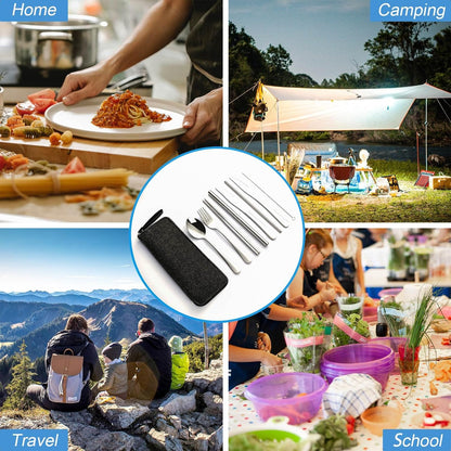 Camping Utensils, Stainless Steel Travel Silverware Set with Case | 9Pcs Portable Cutlery Set, Reusable Flatware adult, Steak knife, Boba Straw, Fork and Spoon Set for Lunch box, Work (Silver)