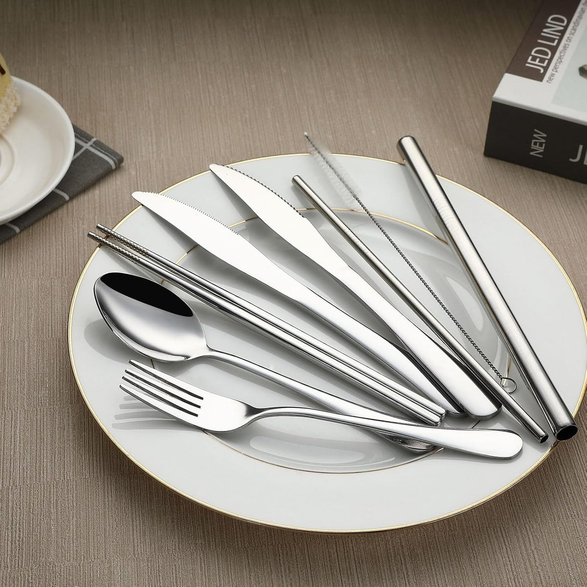 Camping Utensils, Stainless Steel Travel Silverware Set with Case | 9Pcs Portable Cutlery Set, Reusable Flatware adult, Steak knife, Boba Straw, Fork and Spoon Set for Lunch box, Work (Silver)