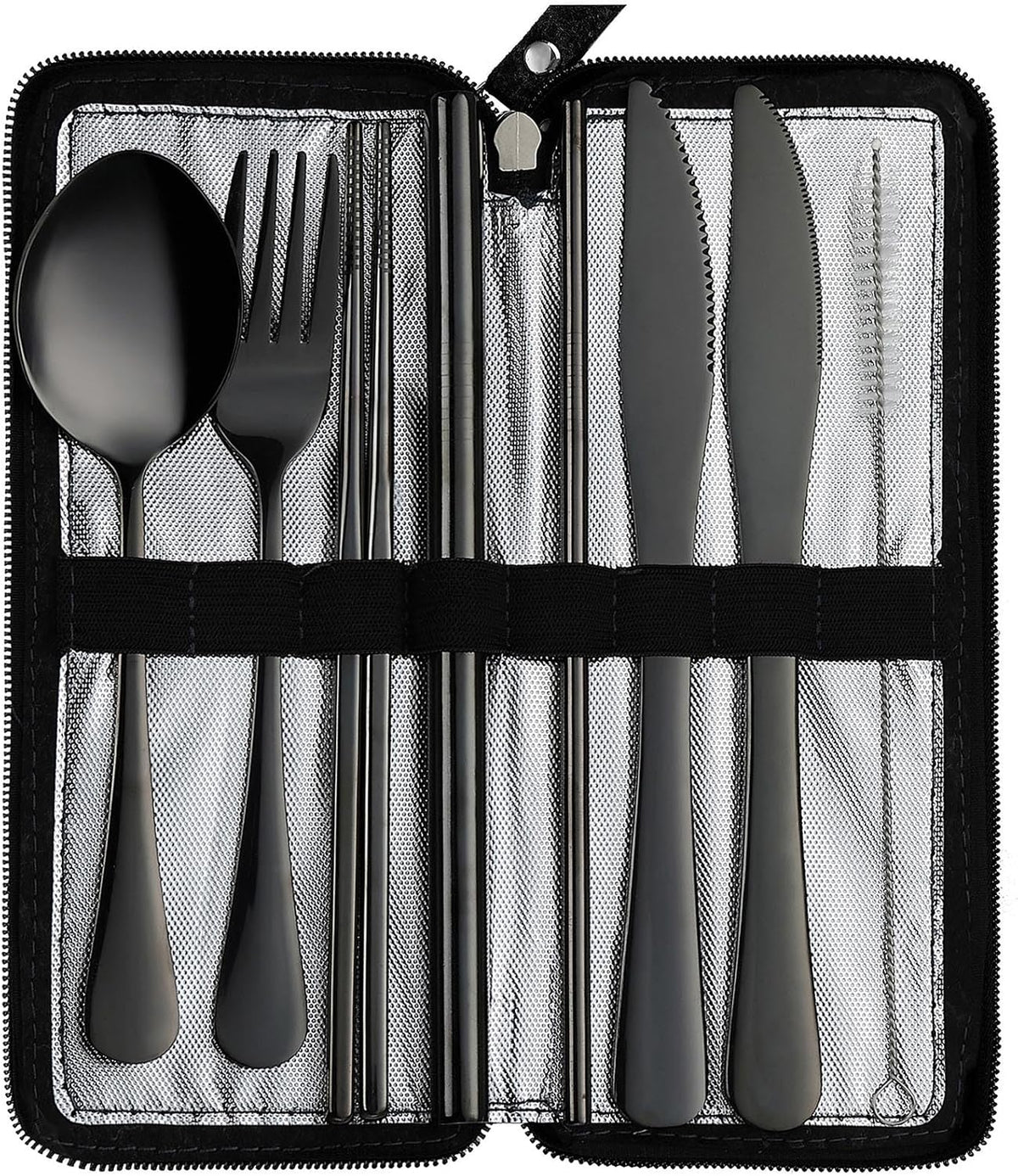 Camping Utensils, Stainless Steel Travel Silverware Set with Case | 9Pcs Portable Cutlery Set, Reusable Flatware adult, Steak knife, Boba Straw, Fork and Spoon Set for Lunch box, Work (Silver)
