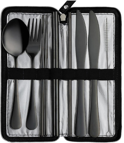 Camping Utensils, Stainless Steel Travel Silverware Set with Case | 9Pcs Portable Cutlery Set, Reusable Flatware adult, Steak knife, Boba Straw, Fork and Spoon Set for Lunch box, Work (Silver)
