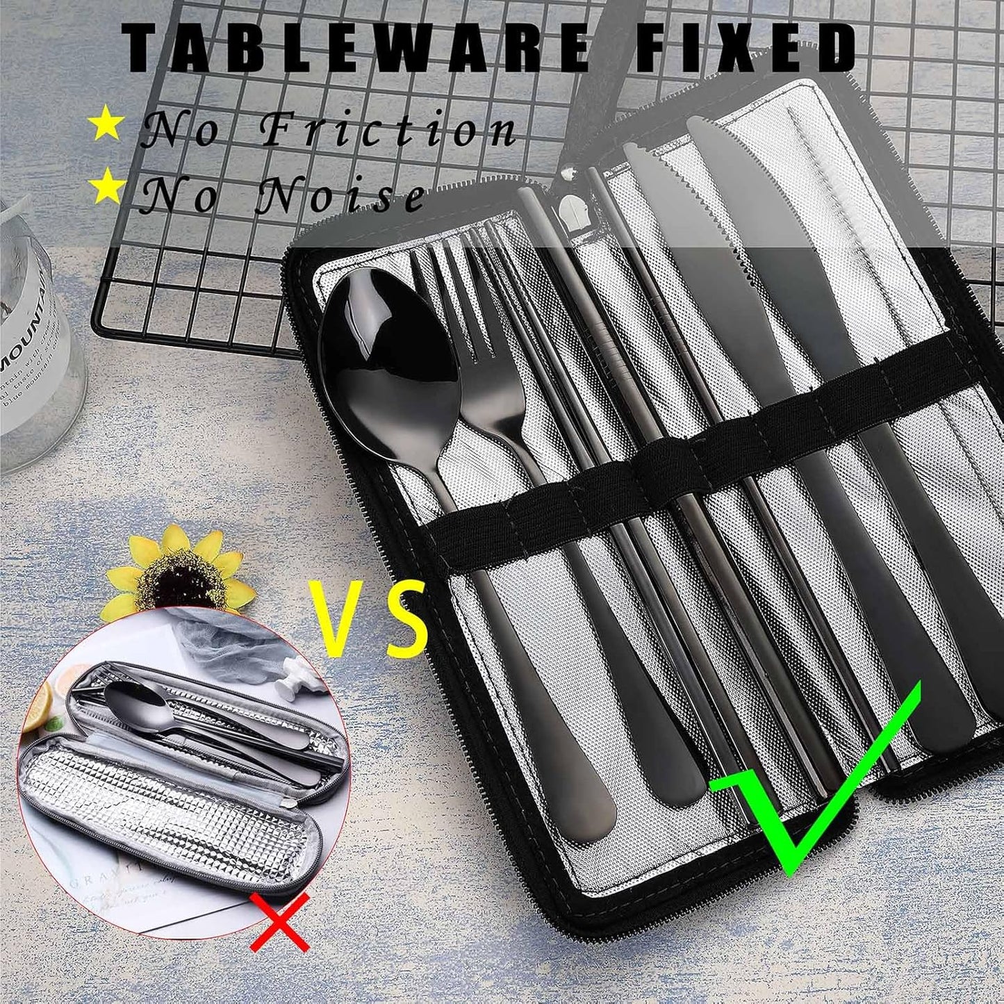 Camping Utensils, Stainless Steel Travel Silverware Set with Case | 9Pcs Portable Cutlery Set, Reusable Flatware adult, Steak knife, Boba Straw, Fork and Spoon Set for Lunch box, Work (Silver)