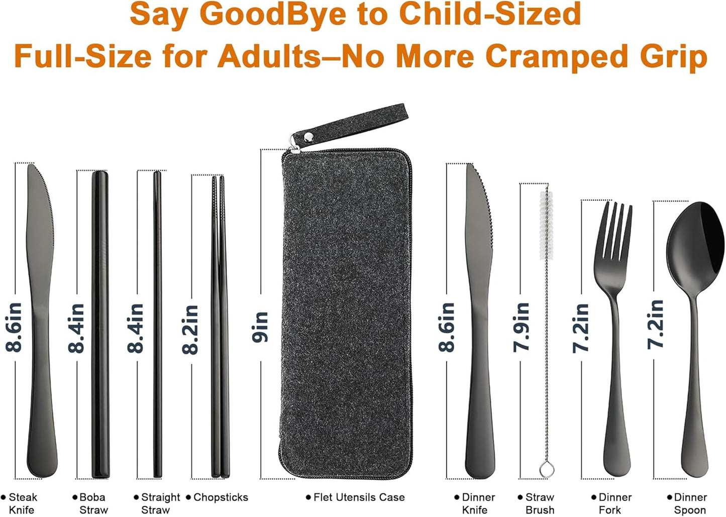 Camping Utensils, Stainless Steel Travel Silverware Set with Case | 9Pcs Portable Cutlery Set, Reusable Flatware adult, Steak knife, Boba Straw, Fork and Spoon Set for Lunch box, Work (Silver)