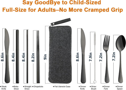 Camping Utensils, Stainless Steel Travel Silverware Set with Case | 9Pcs Portable Cutlery Set, Reusable Flatware adult, Steak knife, Boba Straw, Fork and Spoon Set for Lunch box, Work (Silver)