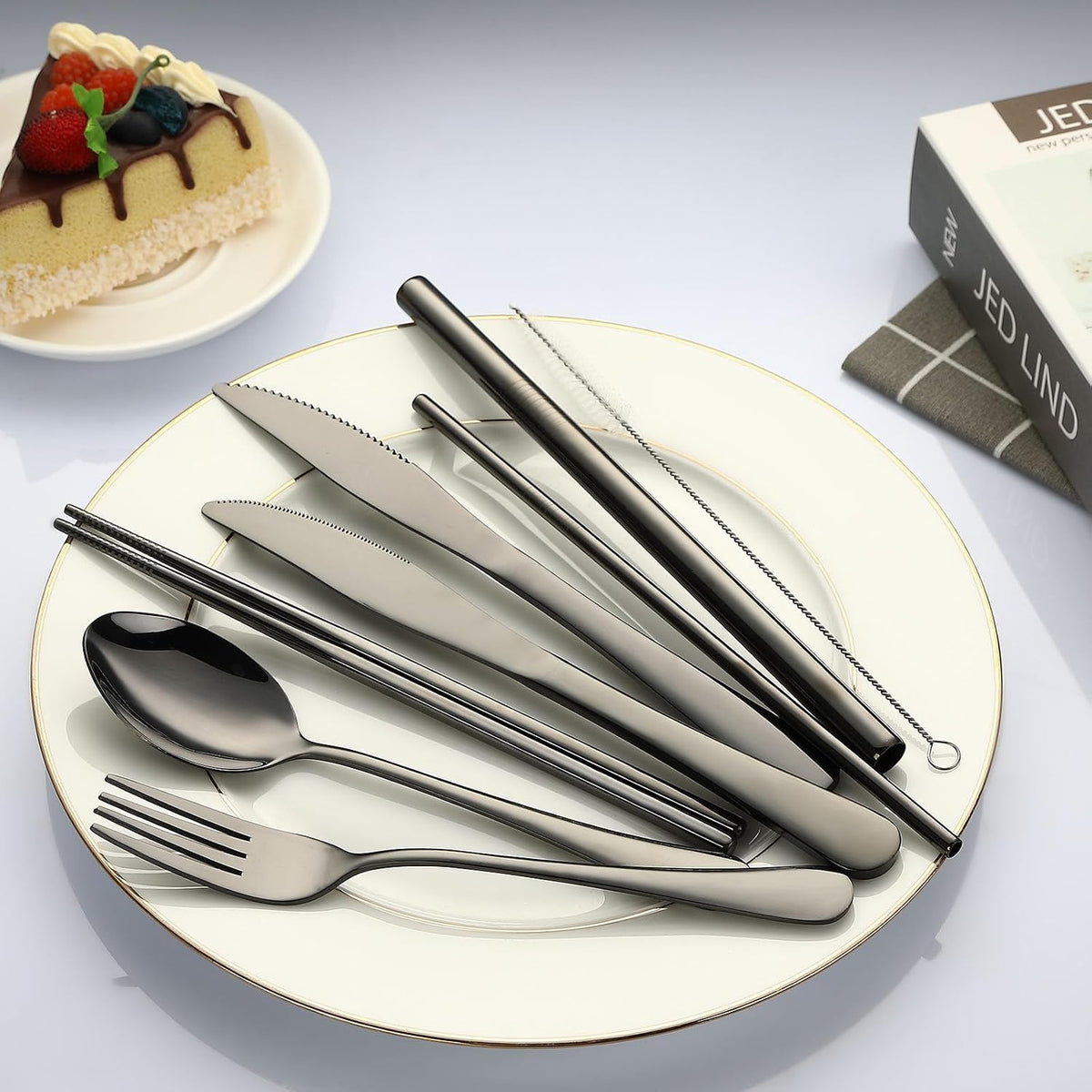 Camping Utensils, Stainless Steel Travel Silverware Set with Case | 9Pcs Portable Cutlery Set, Reusable Flatware adult, Steak knife, Boba Straw, Fork and Spoon Set for Lunch box, Work (Silver)