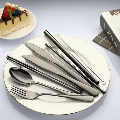 Camping Utensils, Stainless Steel Travel Silverware Set with Case | 9Pcs Portable Cutlery Set, Reusable Flatware adult, Steak knife, Boba Straw, Fork and Spoon Set for Lunch box, Work (Silver)