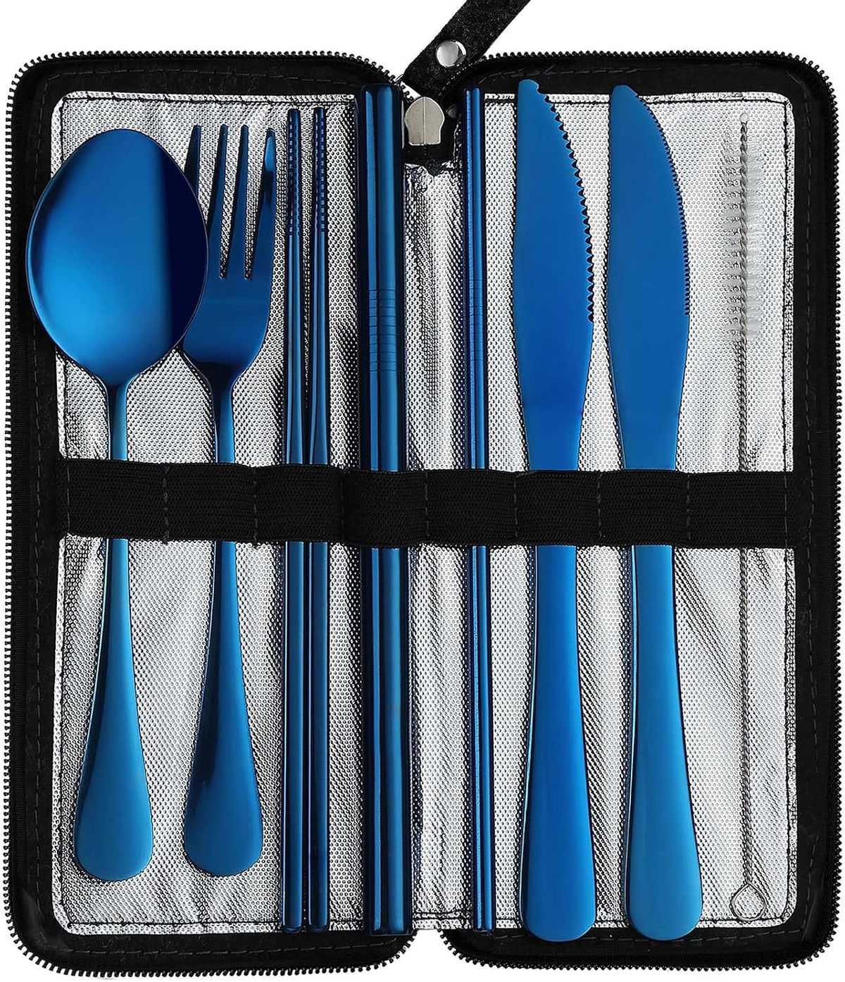 Camping Utensils, Stainless Steel Travel Silverware Set with Case | 9Pcs Portable Cutlery Set, Reusable Flatware adult, Steak knife, Boba Straw, Fork and Spoon Set for Lunch box, Work (Silver)