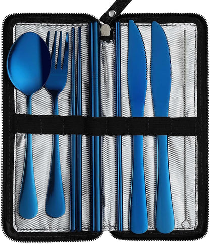 Camping Utensils, Stainless Steel Travel Silverware Set with Case | 9Pcs Portable Cutlery Set, Reusable Flatware adult, Steak knife, Boba Straw, Fork and Spoon Set for Lunch box, Work (Silver)