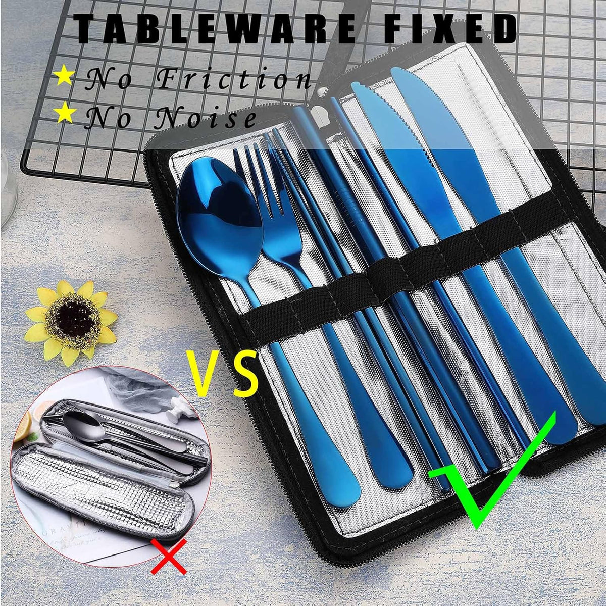 Camping Utensils, Stainless Steel Travel Silverware Set with Case | 9Pcs Portable Cutlery Set, Reusable Flatware adult, Steak knife, Boba Straw, Fork and Spoon Set for Lunch box, Work (Silver)