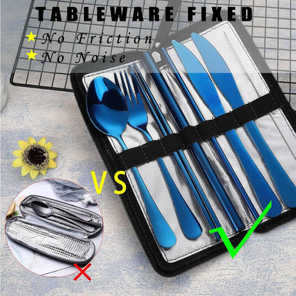 Camping Utensils, Stainless Steel Travel Silverware Set with Case | 9Pcs Portable Cutlery Set, Reusable Flatware adult, Steak knife, Boba Straw, Fork and Spoon Set for Lunch box, Work (Silver)