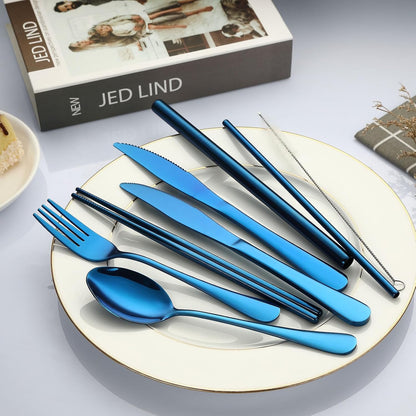 Camping Utensils, Stainless Steel Travel Silverware Set with Case | 9Pcs Portable Cutlery Set, Reusable Flatware adult, Steak knife, Boba Straw, Fork and Spoon Set for Lunch box, Work (Silver)