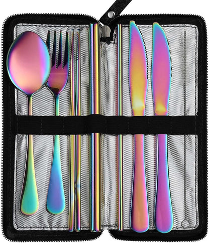 Camping Utensils, Stainless Steel Travel Silverware Set with Case | 9Pcs Portable Cutlery Set, Reusable Flatware adult, Steak knife, Boba Straw, Fork and Spoon Set for Lunch box, Work (Silver)