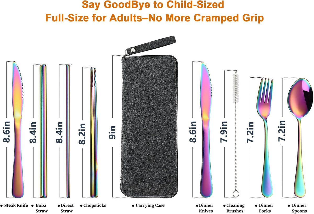 Camping Utensils, Stainless Steel Travel Silverware Set with Case | 9Pcs Portable Cutlery Set, Reusable Flatware adult, Steak knife, Boba Straw, Fork and Spoon Set for Lunch box, Work (Silver)